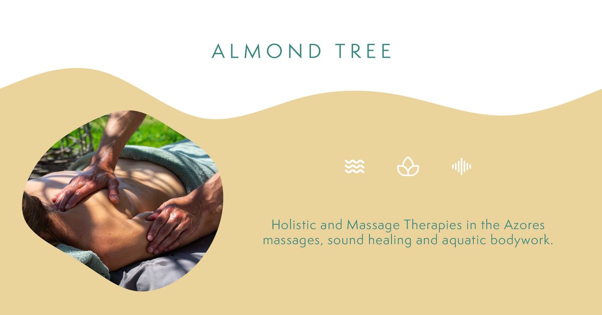 Capa Almond Tree Therapies com onda em tom amêndoa e símbolo da marca, comunicação digital