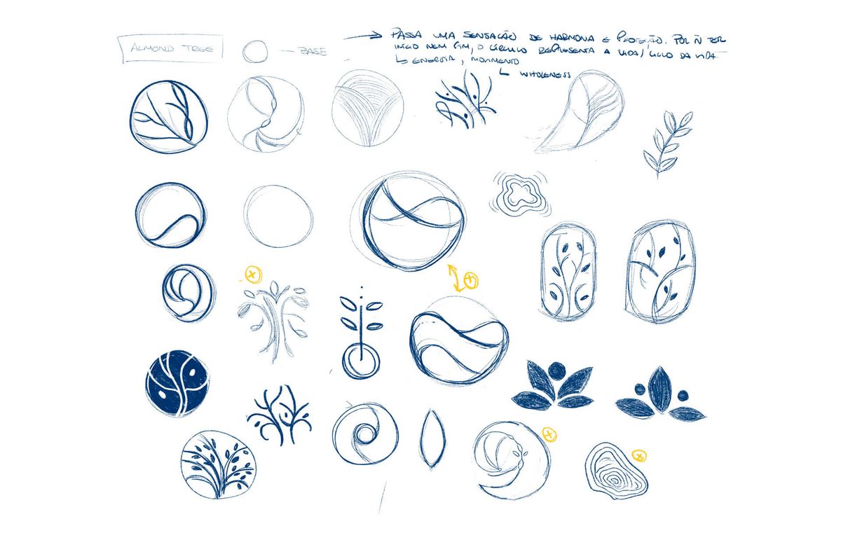 Esboços e estudos manuais do símbolo Almond Tree, processo de desenho da identidade visual