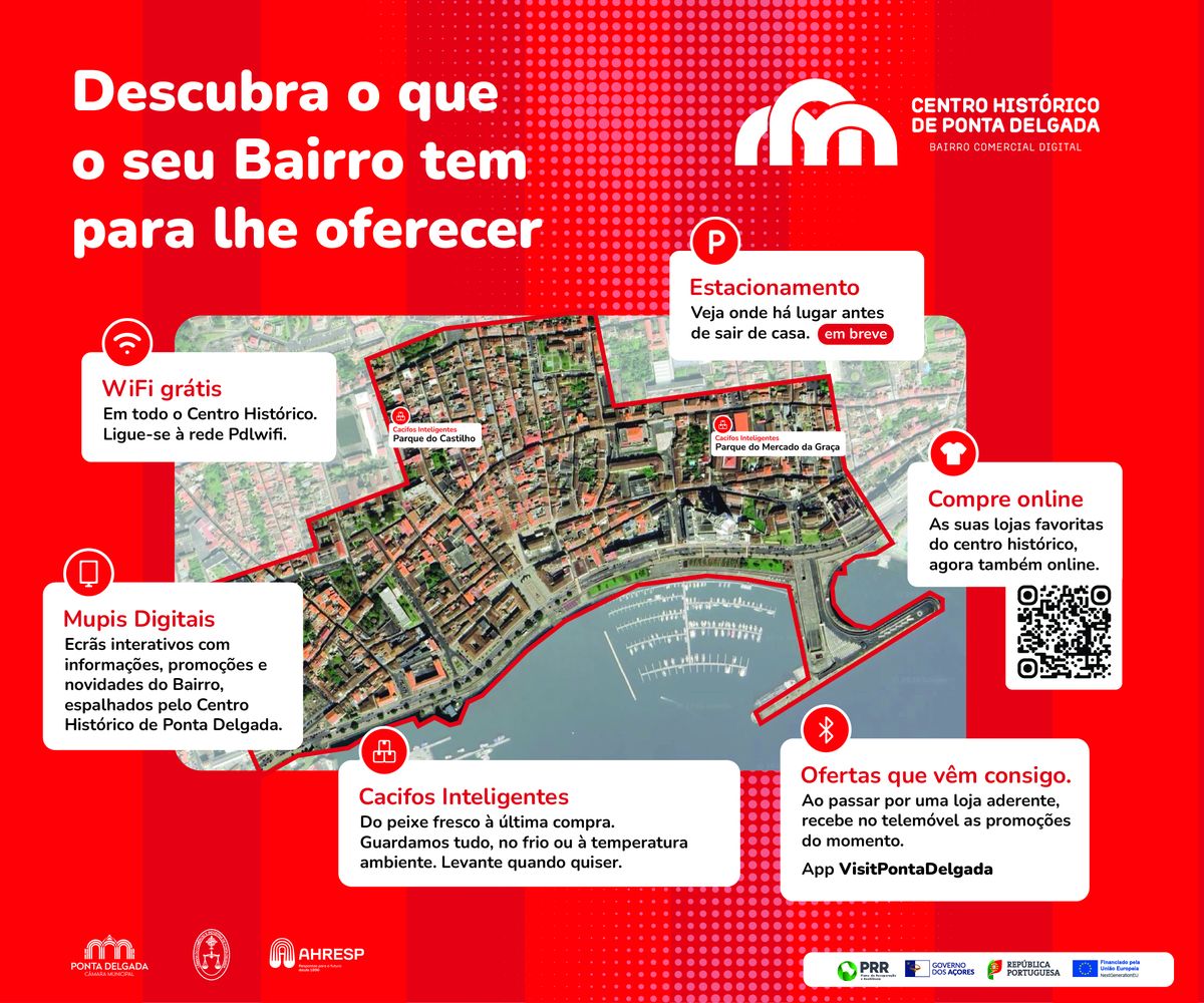 Lona de campanha do Bairro Comercial Digital no centro de Ponta Delgada