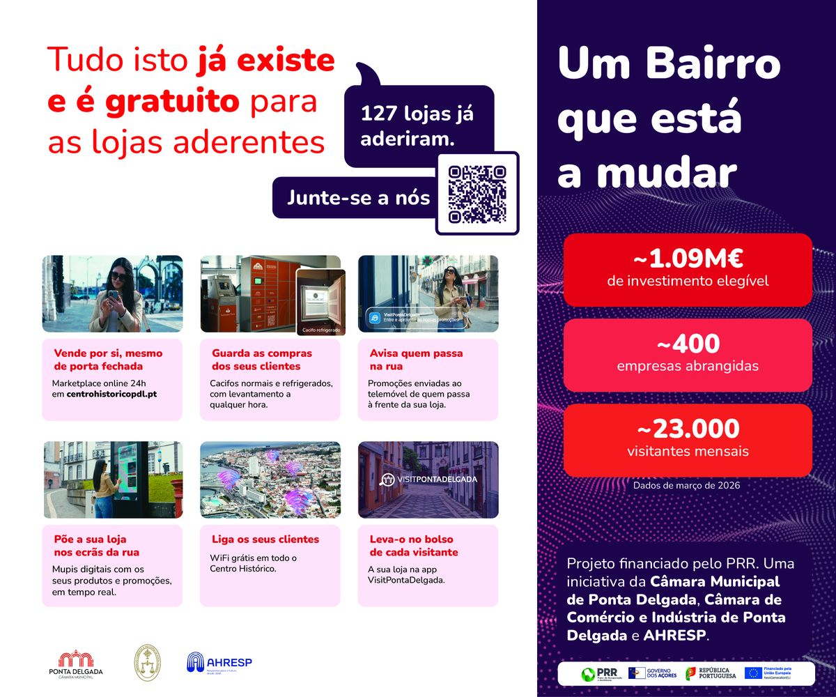Lona direita do stand do Bairro Comercial Digital na FICSA 2026, com infografia do projeto e lojas aderentes