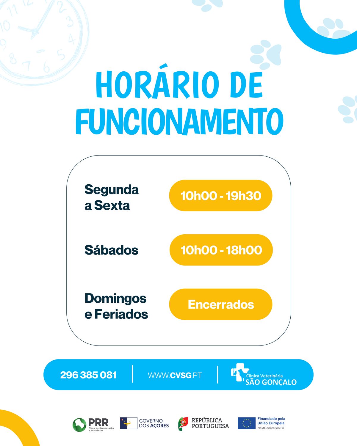 Template de redes sociais da Clínica Veterinária de São Gonçalo com o horário de funcionamento da clínica