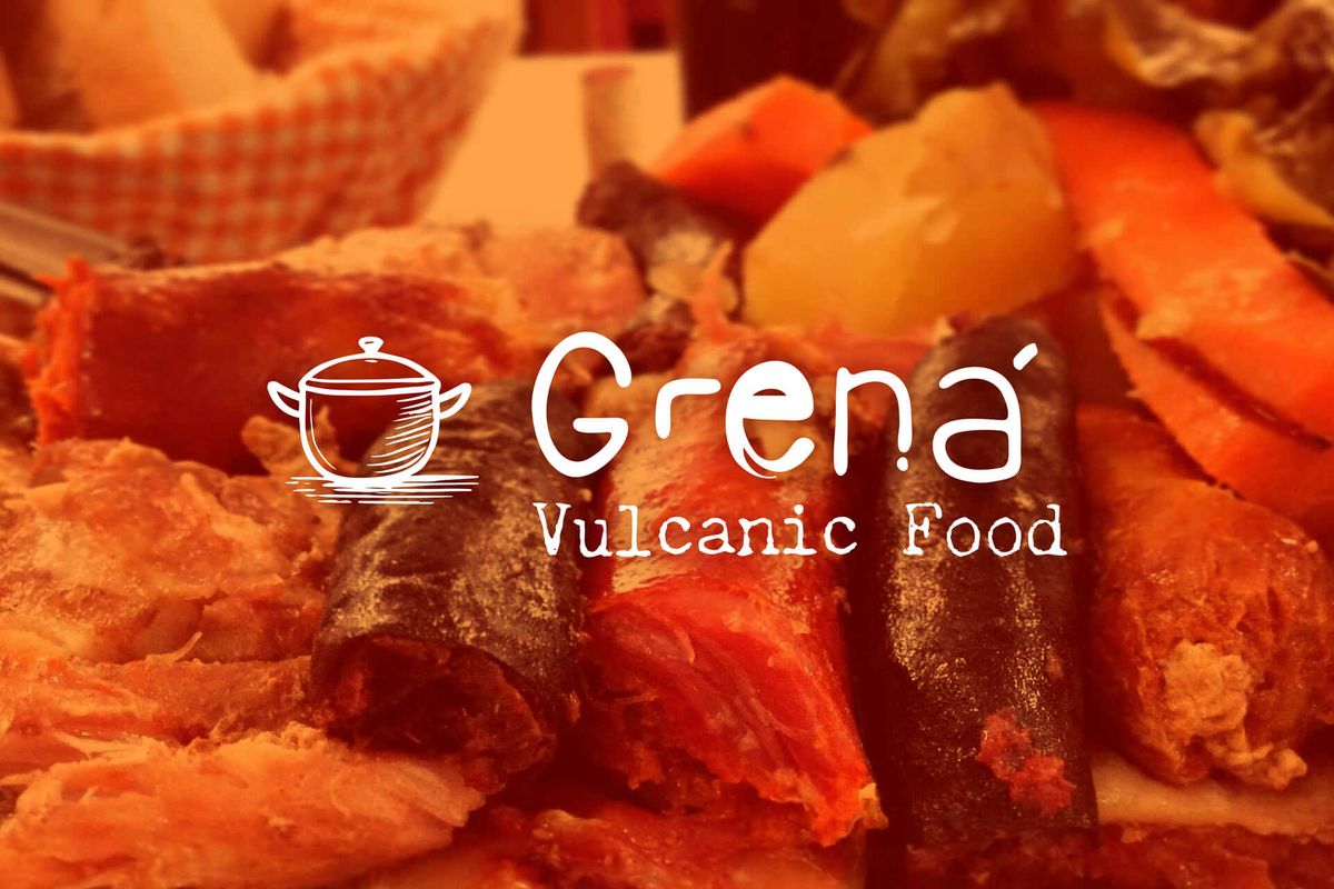 Logotipo do restaurante Grená Volcanic Foods com símbolo do tacho vulcânico