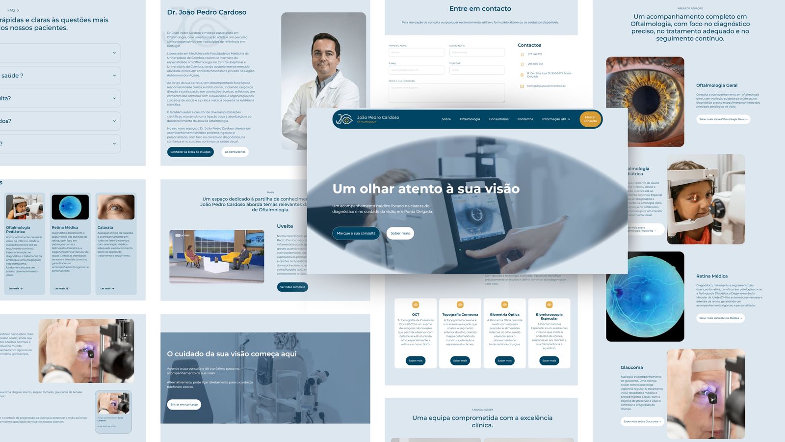 Composição de várias páginas do website da clínica de oftalmologia do Dr. João Pedro Cardoso nos Açores